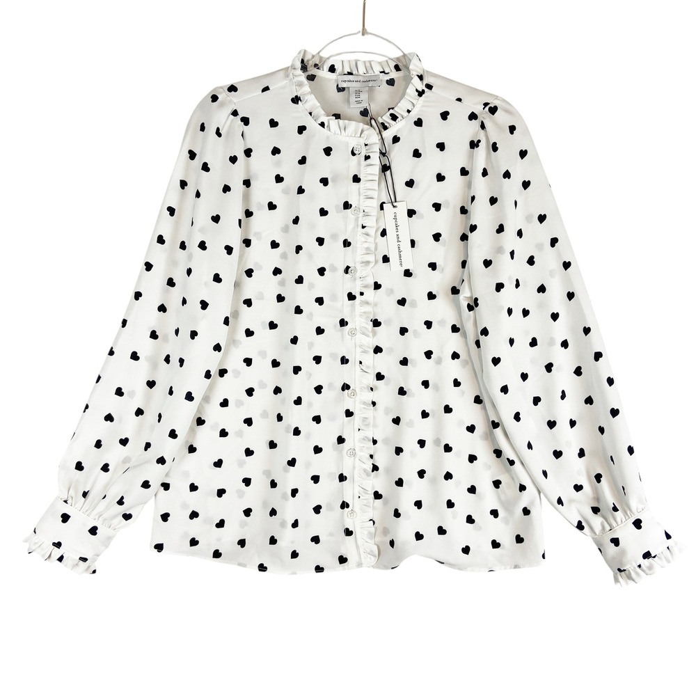 Cupcakes and Cashmere White Black Heart Print Ruffle Blouse Top Medium NEW